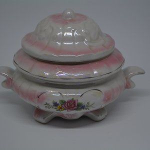 Lusterware Footed Small Tureen Serving Bowl w/ Handles and Lid in Pearl White